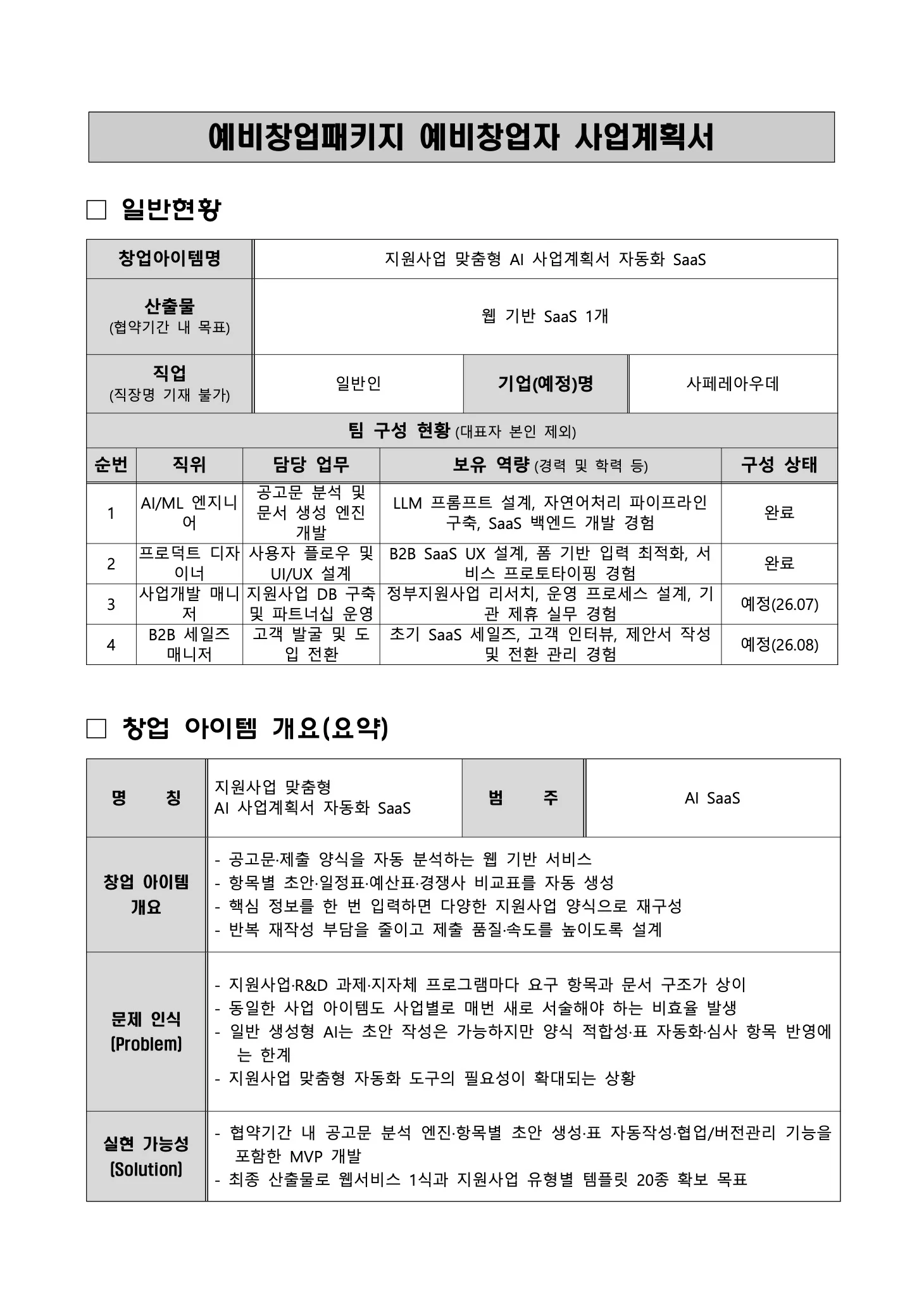 독스헌트로 생성한 예비창업패키지 사업계획서 1페이지